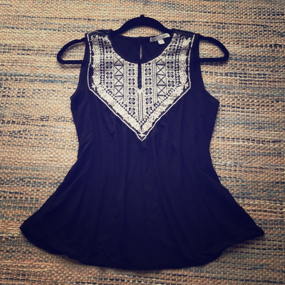 Black Tank w/ White Embroidery Detail